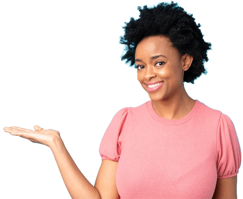 Smiling woman with hand up